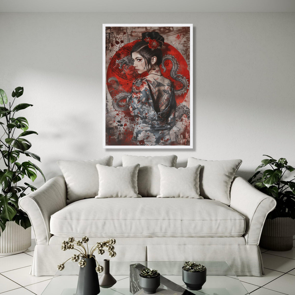 Japanese Geisha with Dragon Tattoo Canvas, Asian Woman Portrait Wall Art, Red Floral Kimono Design, Oriental Gift Art, Home Decor, Print