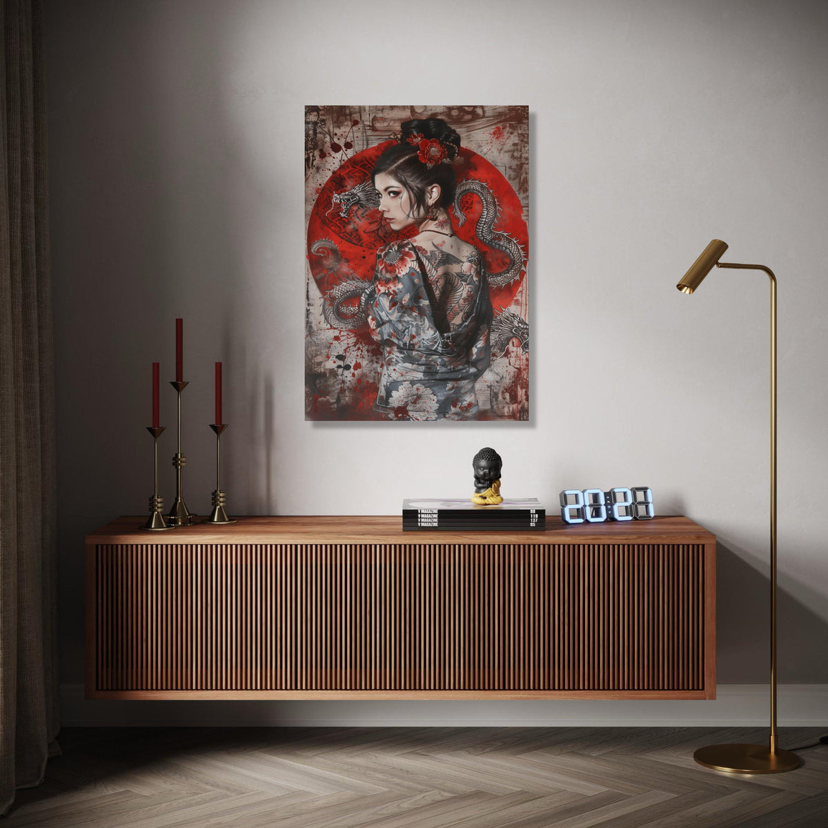 Japanese Geisha with Dragon Tattoo Canvas, Asian Woman Portrait Wall Art, Red Floral Kimono Design, Oriental Gift Art, Home Decor, Print