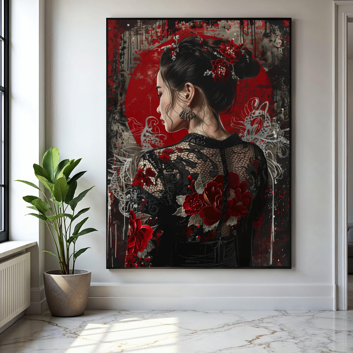 Elegant Asian Woman Portrait Canvas, Red Floral Lace Dress, Modern Oriental Wall Art, Decorative Canvas for Gift Art, Home Decor, Print