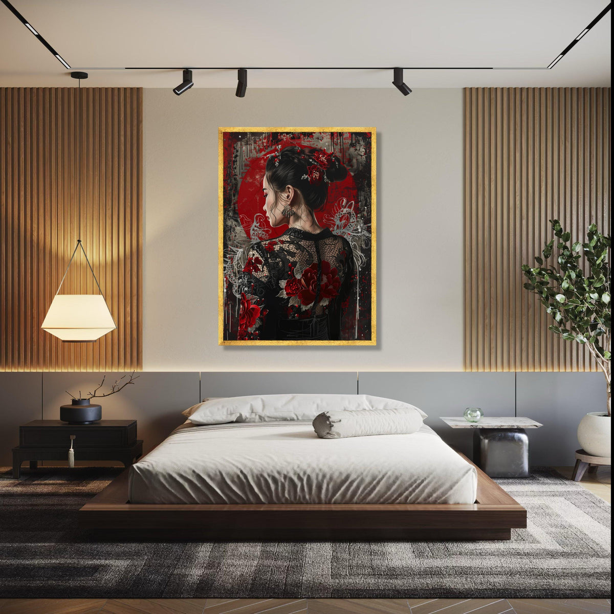 Elegant Asian Woman Portrait Canvas, Red Floral Lace Dress, Modern Oriental Wall Art, Decorative Canvas for Gift Art, Home Decor, Print