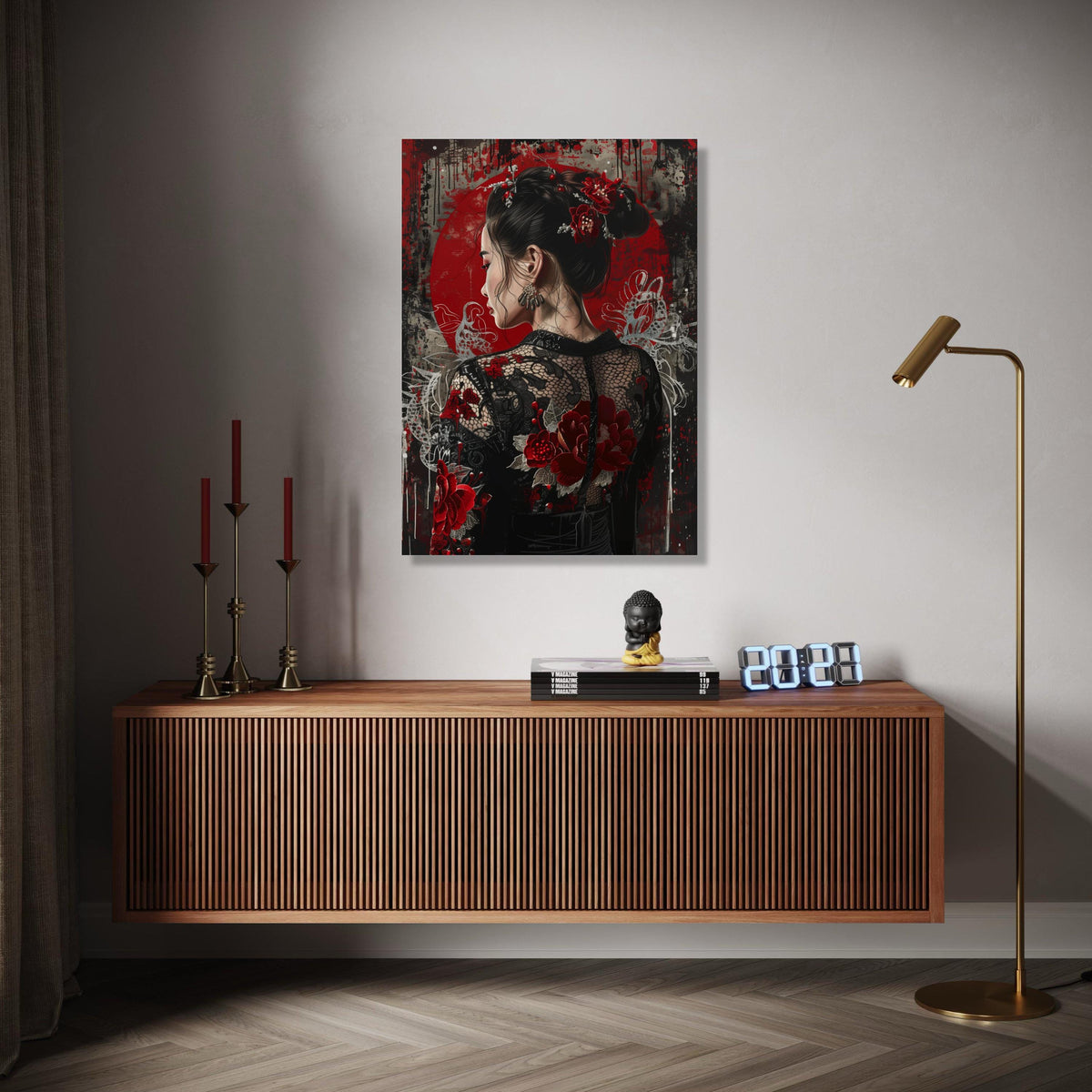 Elegant Asian Woman Portrait Canvas, Red Floral Lace Dress, Modern Oriental Wall Art, Decorative Canvas for Gift Art, Home Decor, Print