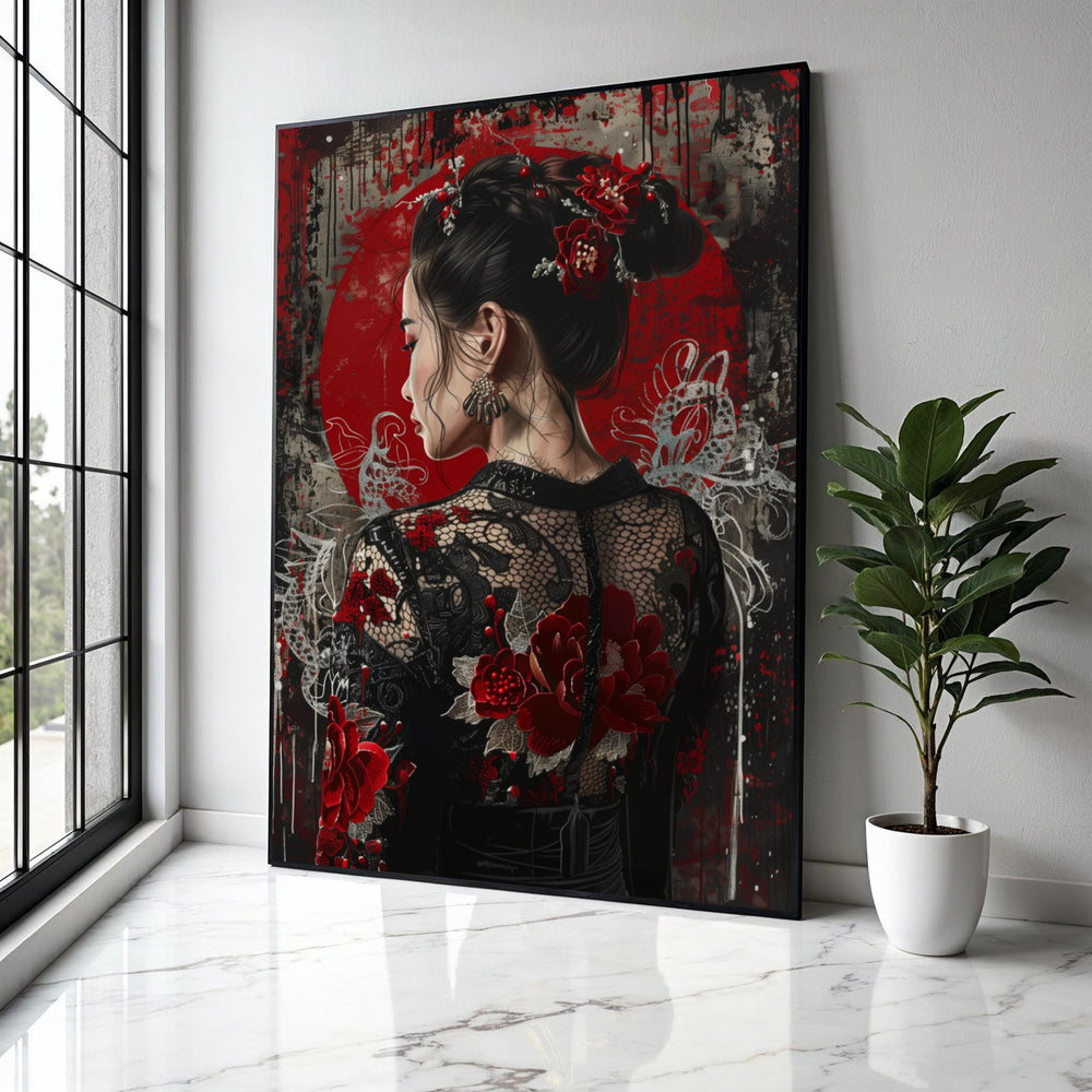 Elegant Asian Woman Portrait Canvas, Red Floral Lace Dress, Modern Oriental Wall Art, Decorative Canvas for Gift Art, Home Decor, Print