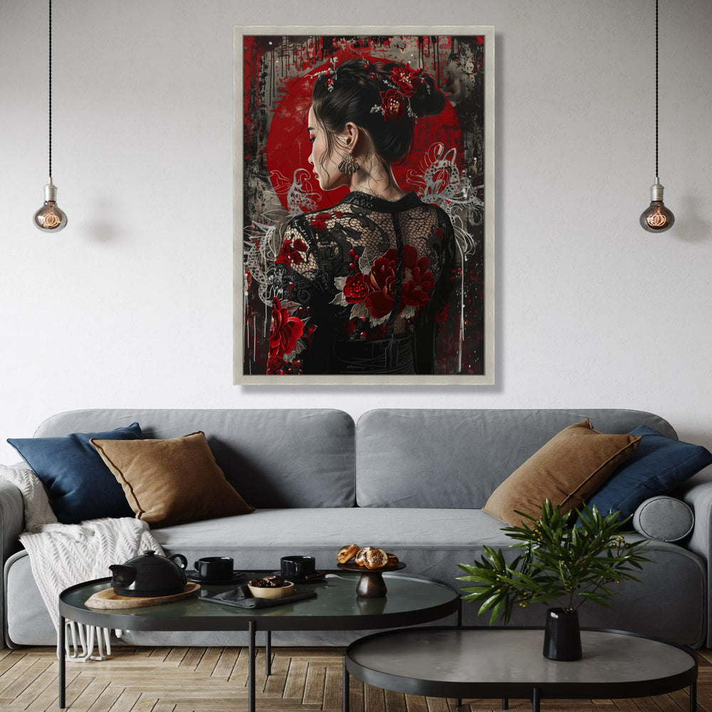 Elegant Asian Woman Portrait Canvas, Red Floral Lace Dress, Modern Oriental Wall Art, Decorative Canvas for Gift Art, Home Decor, Print