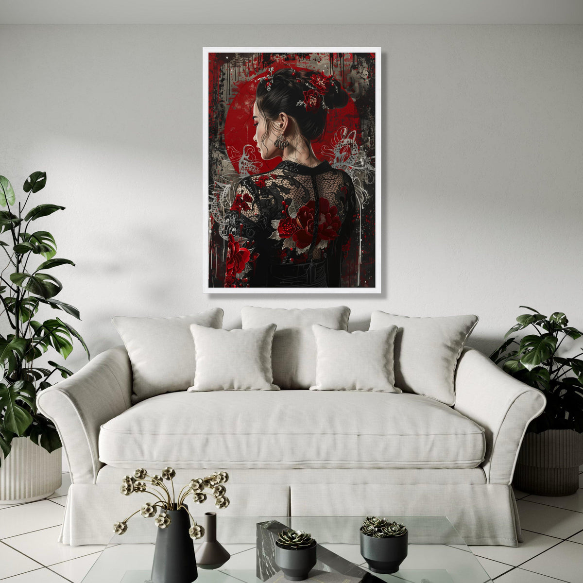 Elegant Asian Woman Portrait Canvas, Red Floral Lace Dress, Modern Oriental Wall Art, Decorative Canvas for Gift Art, Home Decor, Print