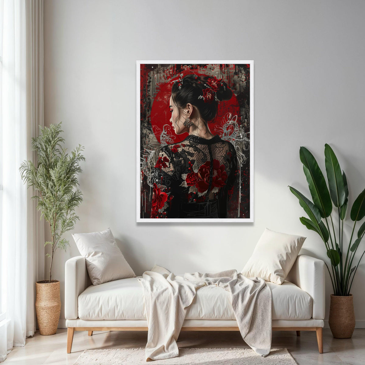 Elegant Asian Woman Portrait Canvas, Red Floral Lace Dress, Modern Oriental Wall Art, Decorative Canvas for Gift Art, Home Decor, Print