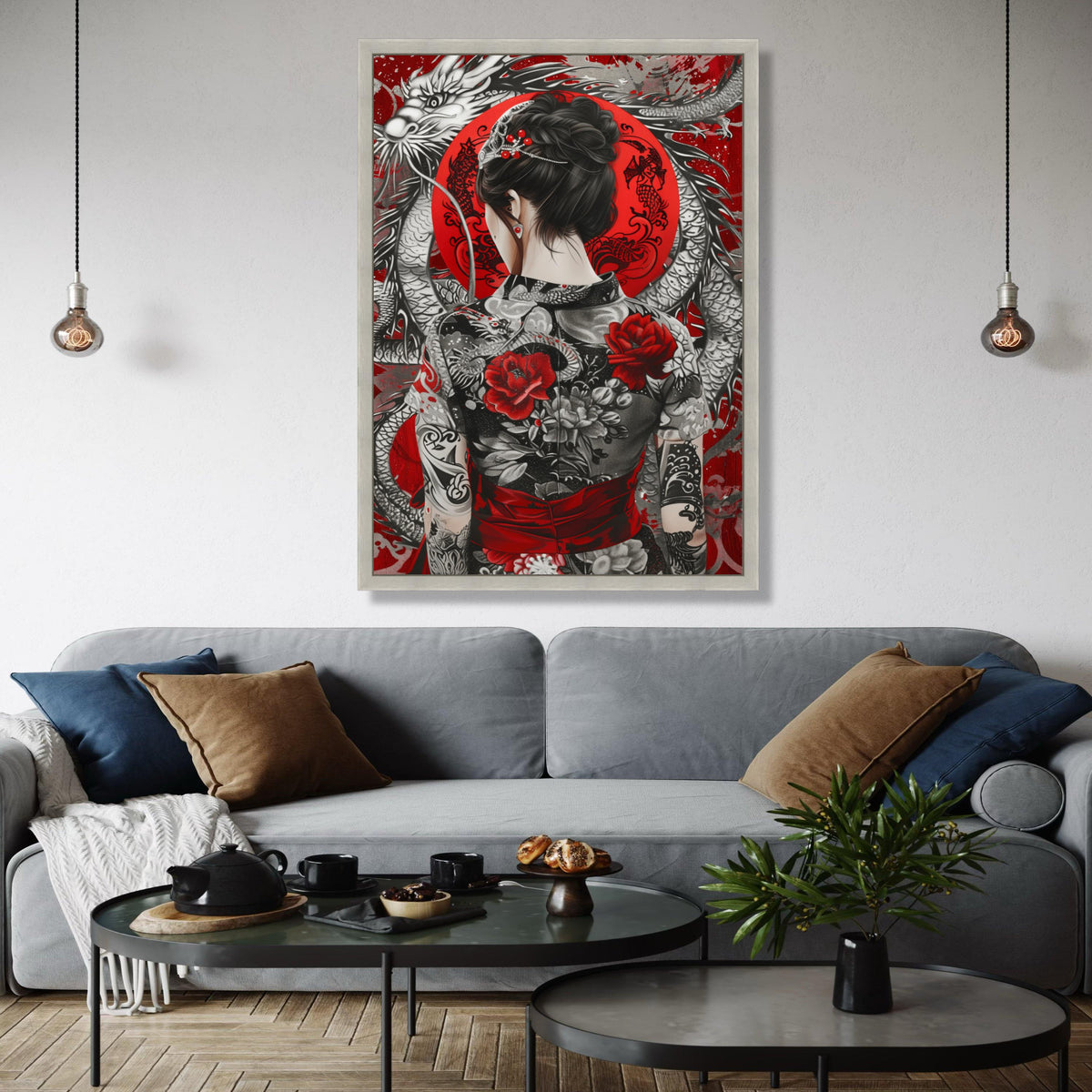 Elegant Asian Woman with Dragon and Floral Kimono Canvas, Red and Black Japanese Art, Oriental Tattoo Wall Art, Gift Art, Home Decor, Print
