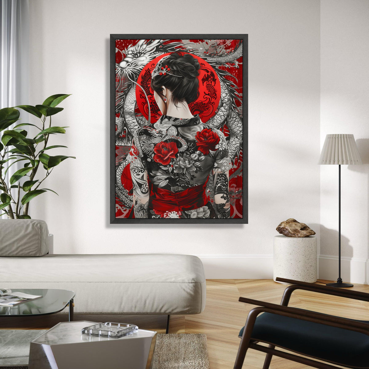 Elegant Asian Woman with Dragon and Floral Kimono Canvas, Red and Black Japanese Art, Oriental Tattoo Wall Art, Gift Art, Home Decor, Print