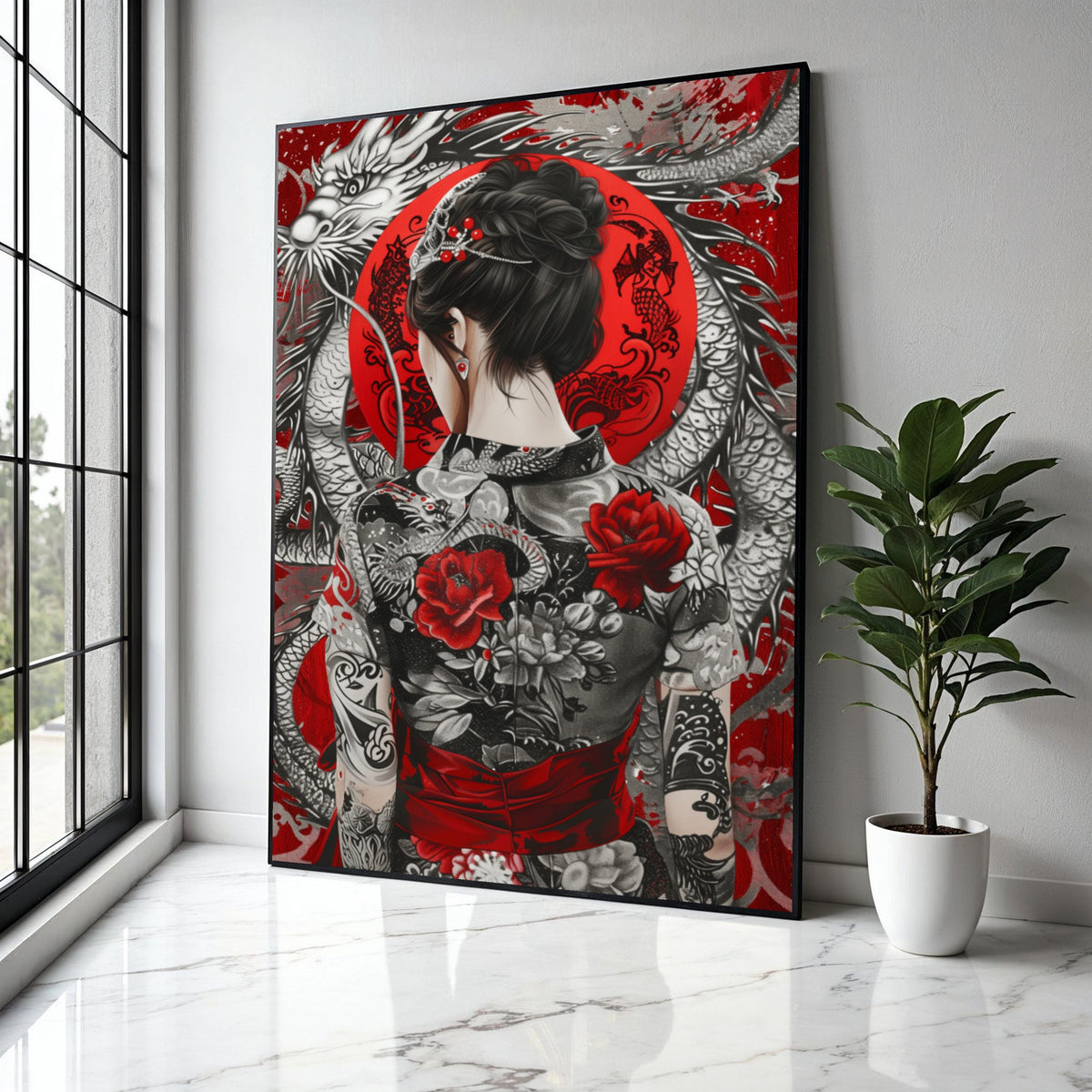 Elegant Asian Woman with Dragon and Floral Kimono Canvas, Red and Black Japanese Art, Oriental Tattoo Wall Art, Gift Art, Home Decor, Print