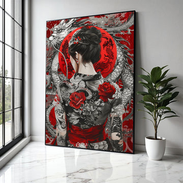 Elegant Asian Woman with Dragon and Floral Kimono Canvas, Red and Black Japanese Art, Oriental Tattoo Wall Art, Gift Art, Home Decor, Print