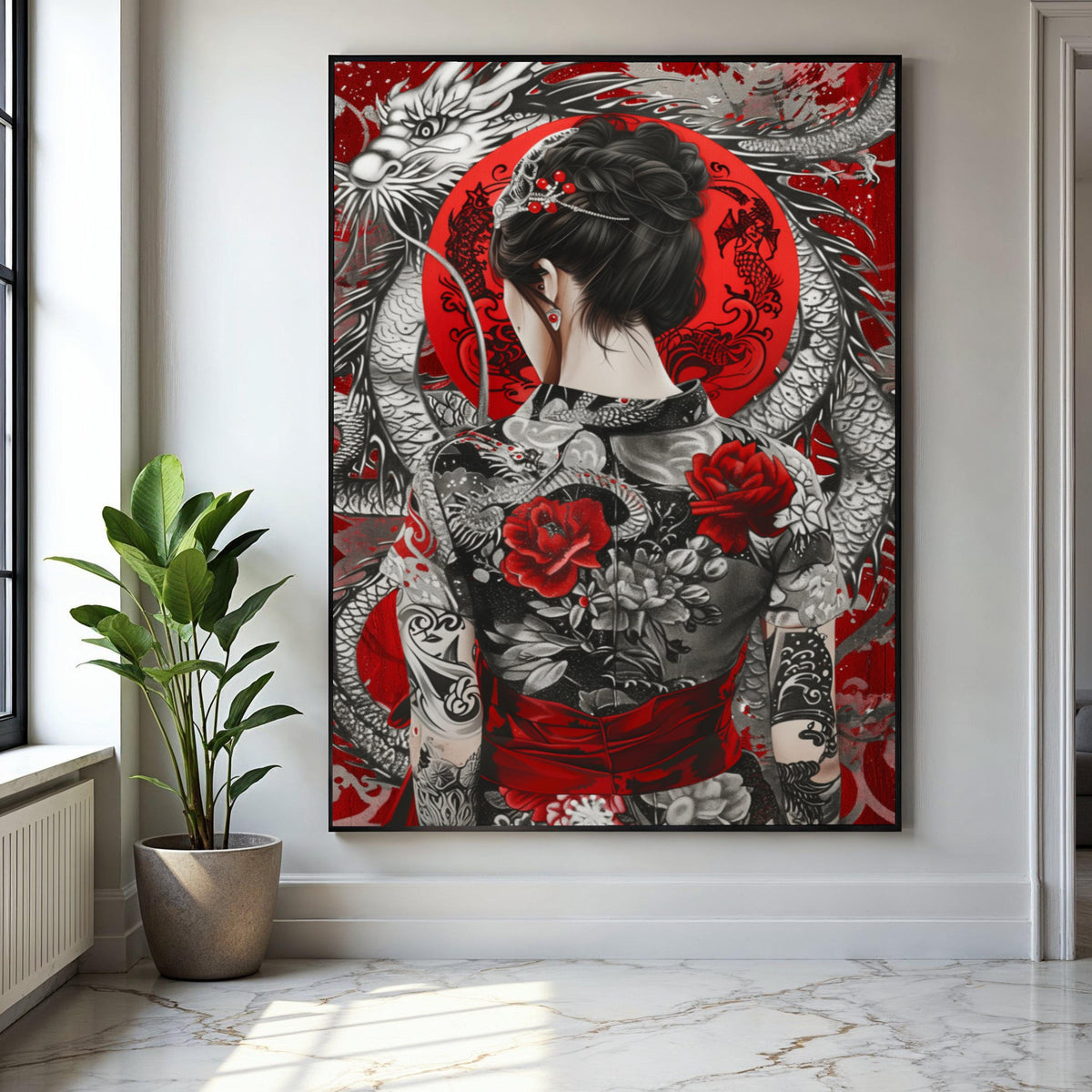 Elegant Asian Woman with Dragon and Floral Kimono Canvas, Red and Black Japanese Art, Oriental Tattoo Wall Art, Gift Art, Home Decor, Print