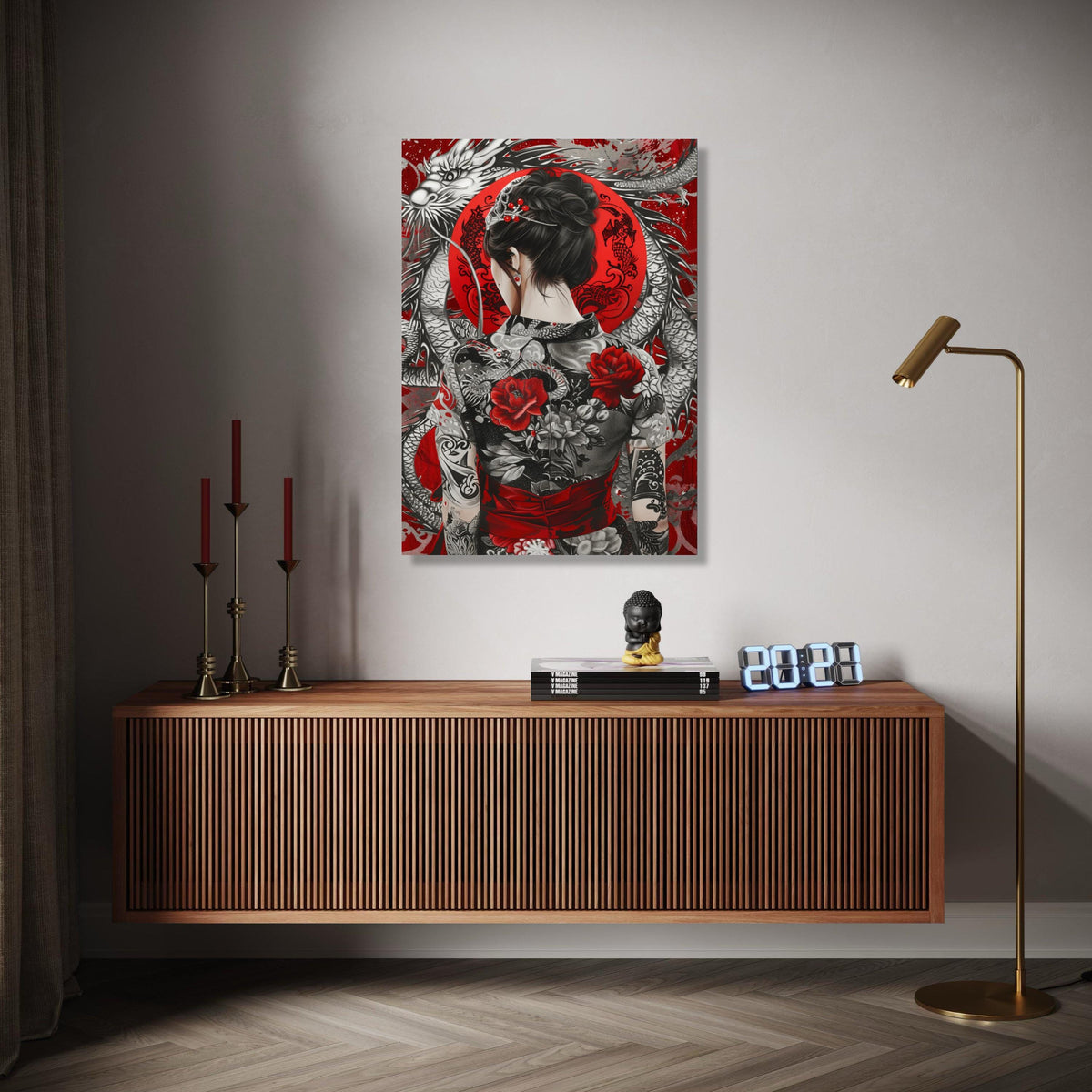 Elegant Asian Woman with Dragon and Floral Kimono Canvas, Red and Black Japanese Art, Oriental Tattoo Wall Art, Gift Art, Home Decor, Print