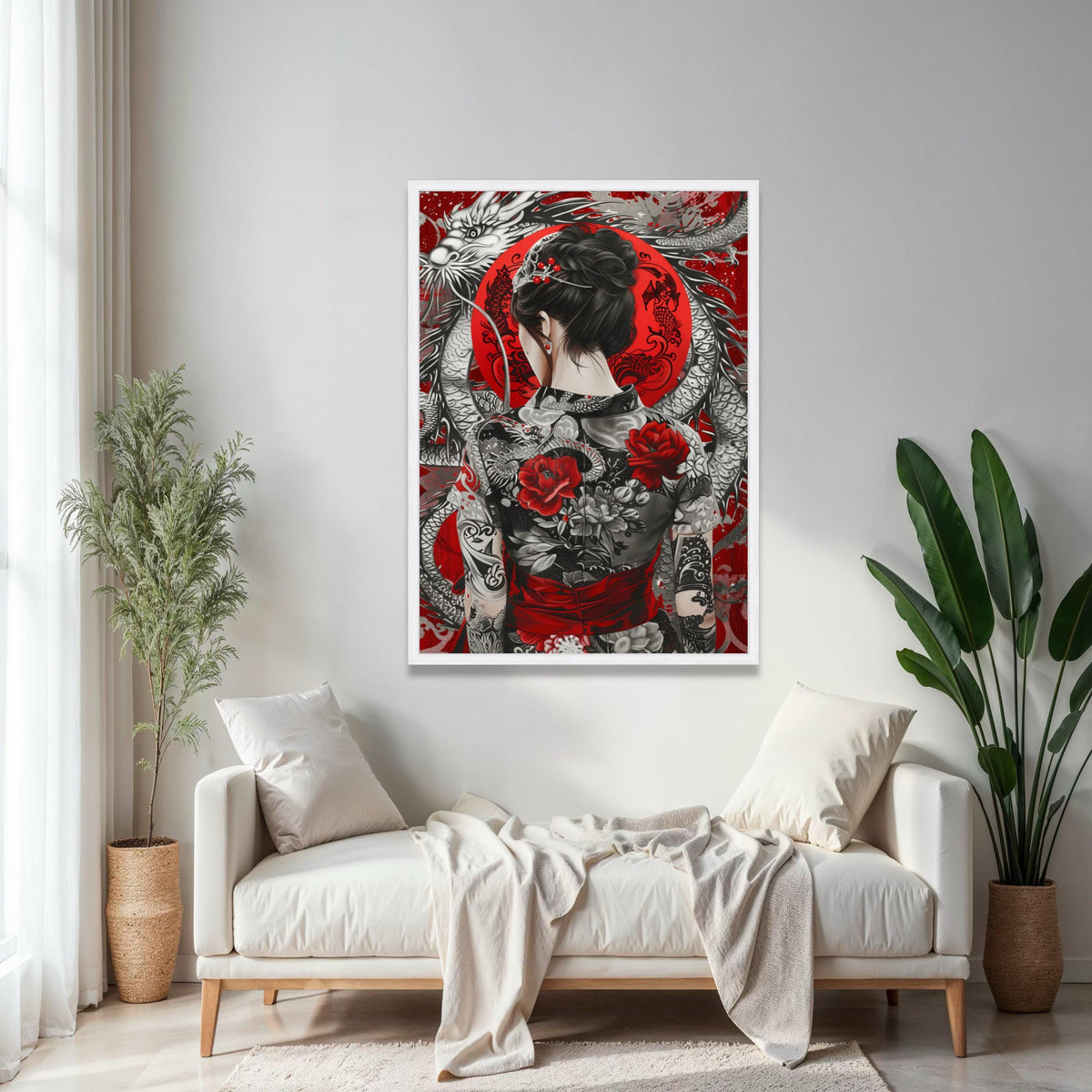 Elegant Asian Woman with Dragon and Floral Kimono Canvas, Red and Black Japanese Art, Oriental Tattoo Wall Art, Gift Art, Home Decor, Print