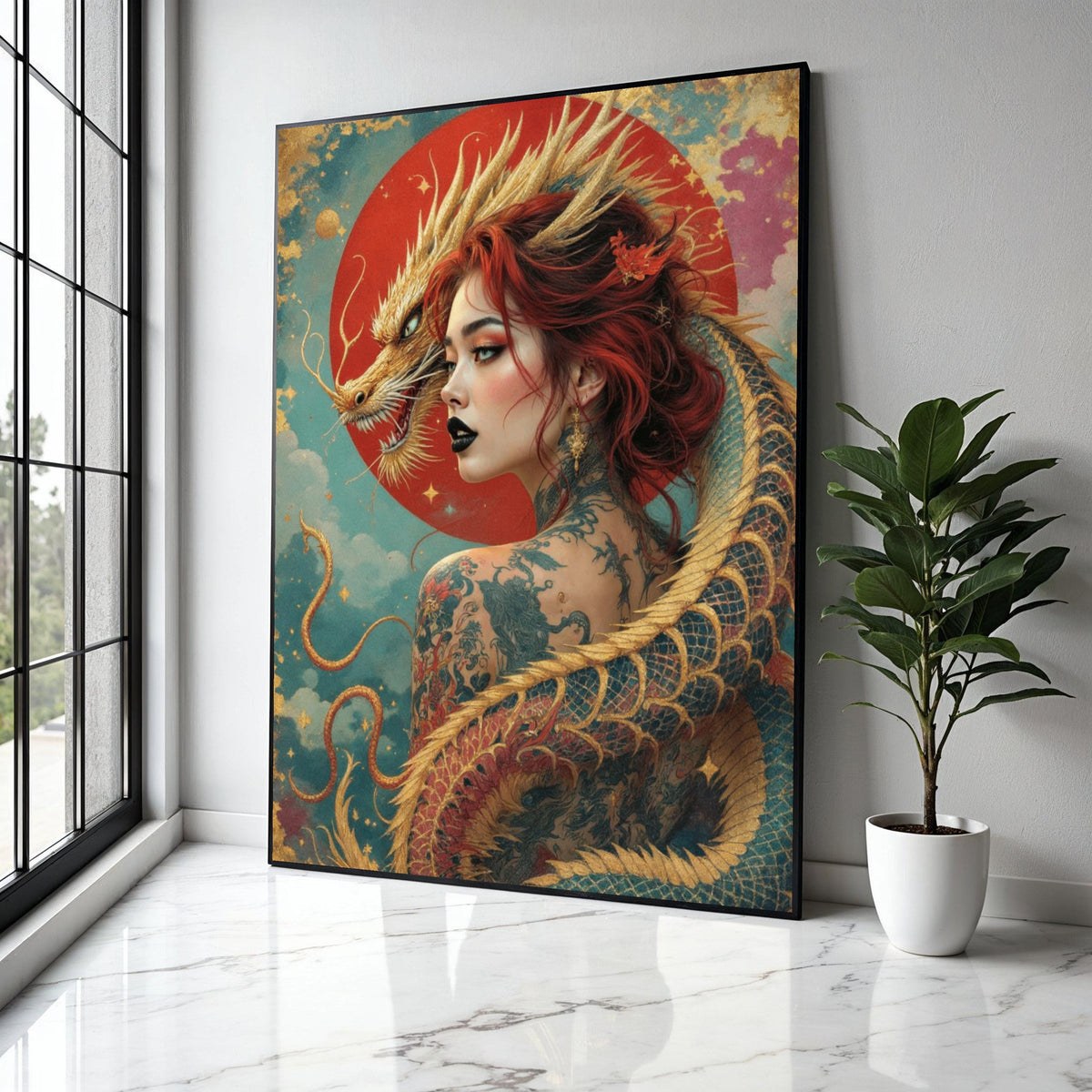 Mystical Dragon Woman Canvas, Asian Fantasy Art, Tattooed Female Portrait, Red Hair Wall Decor, Mythical Gift Art, Home Decor, Print