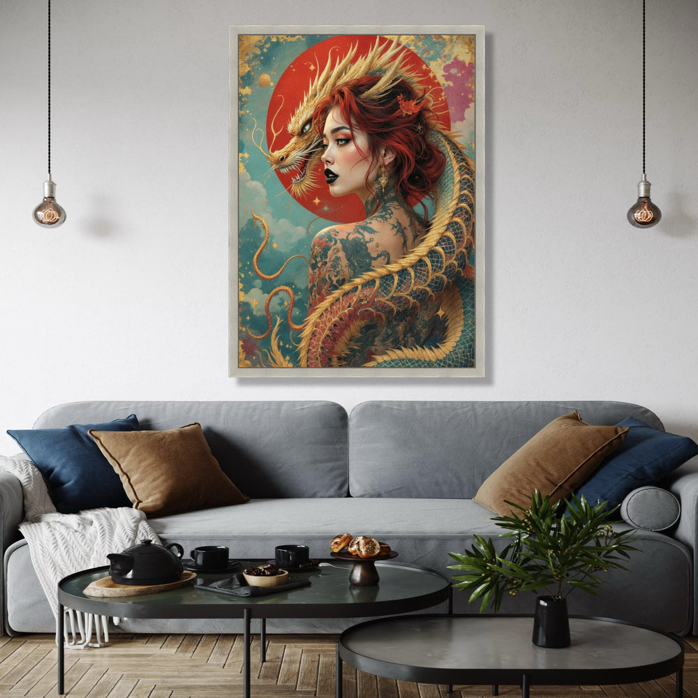 Mystical Dragon Woman Canvas, Asian Fantasy Art, Tattooed Female Portrait, Red Hair Wall Decor, Mythical Gift Art, Home Decor, Print