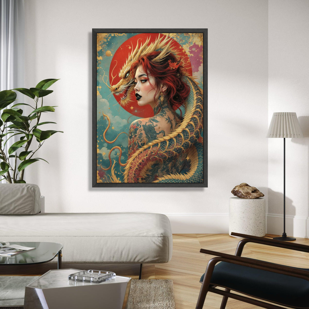 Mystical Dragon Woman Canvas, Asian Fantasy Art, Tattooed Female Portrait, Red Hair Wall Decor, Mythical Gift Art, Home Decor, Print
