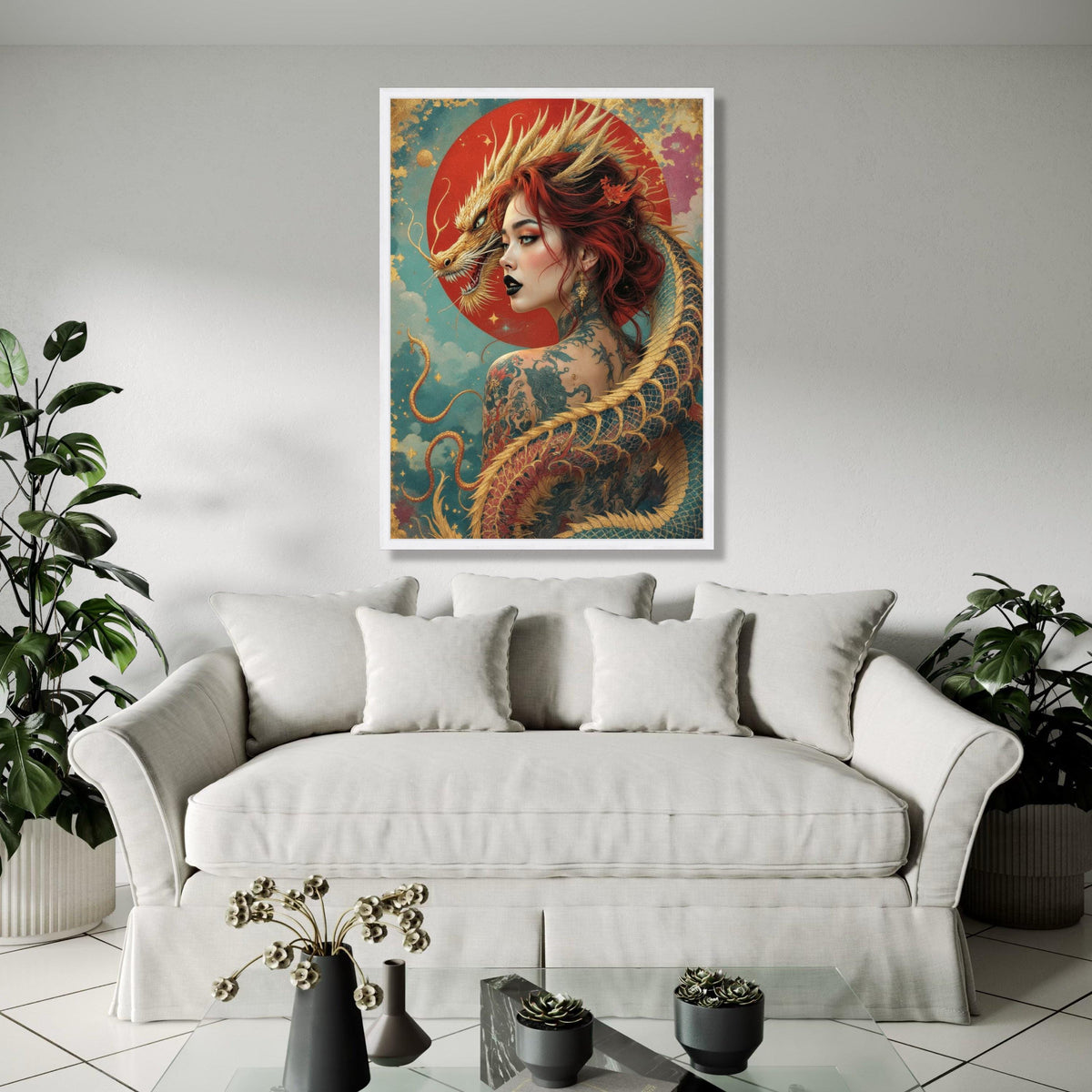 Mystical Dragon Woman Canvas, Asian Fantasy Art, Tattooed Female Portrait, Red Hair Wall Decor, Mythical Gift Art, Home Decor, Print