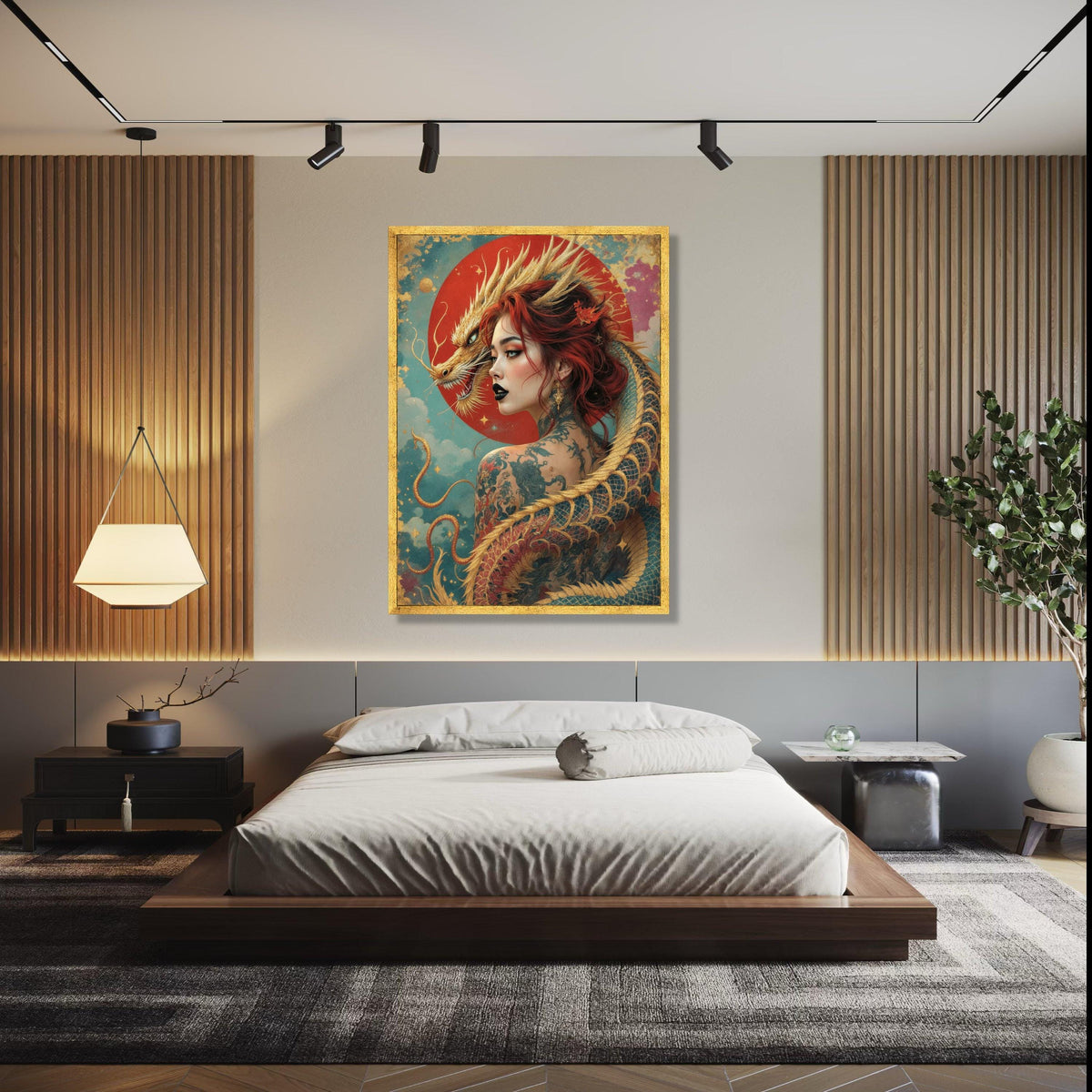 Mystical Dragon Woman Canvas, Asian Fantasy Art, Tattooed Female Portrait, Red Hair Wall Decor, Mythical Gift Art, Home Decor, Print