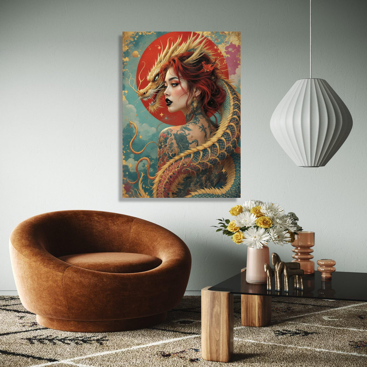 Mystical Dragon Woman Canvas, Asian Fantasy Art, Tattooed Female Portrait, Red Hair Wall Decor, Mythical Gift Art, Home Decor, Print