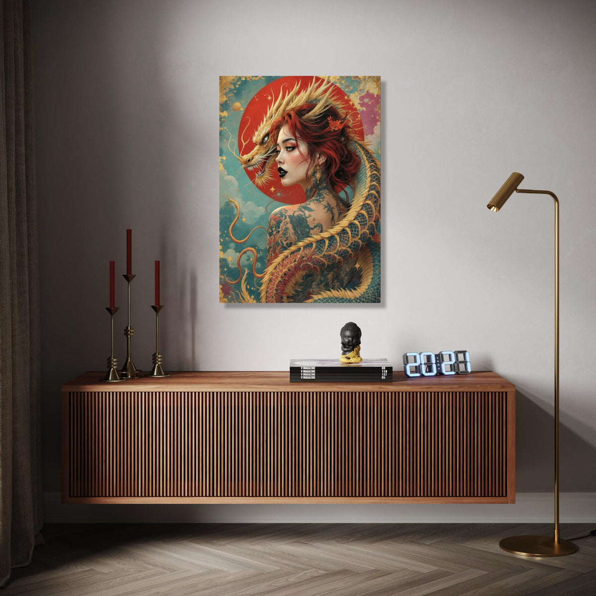 Mystical Dragon Woman Canvas, Asian Fantasy Art, Tattooed Female Portrait, Red Hair Wall Decor, Mythical Gift Art, Home Decor, Print