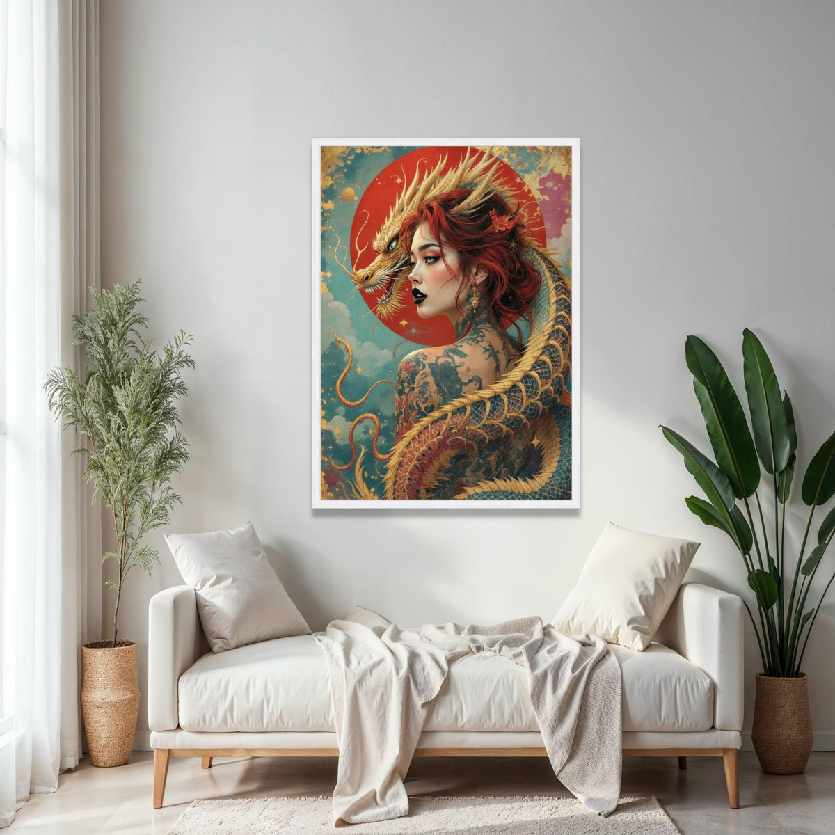 Mystical Dragon Woman Canvas, Asian Fantasy Art, Tattooed Female Portrait, Red Hair Wall Decor, Mythical Gift Art, Home Decor, Print