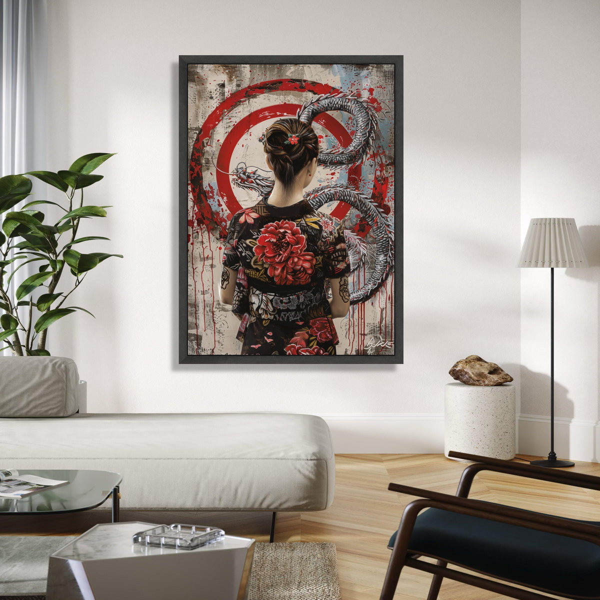 Geisha Woman with Dragon Canvas, Red Floral Kimono Wall Art, Asian Mythology Decor, Japanese Tattoo Style Gift Art, Home Decor, Print