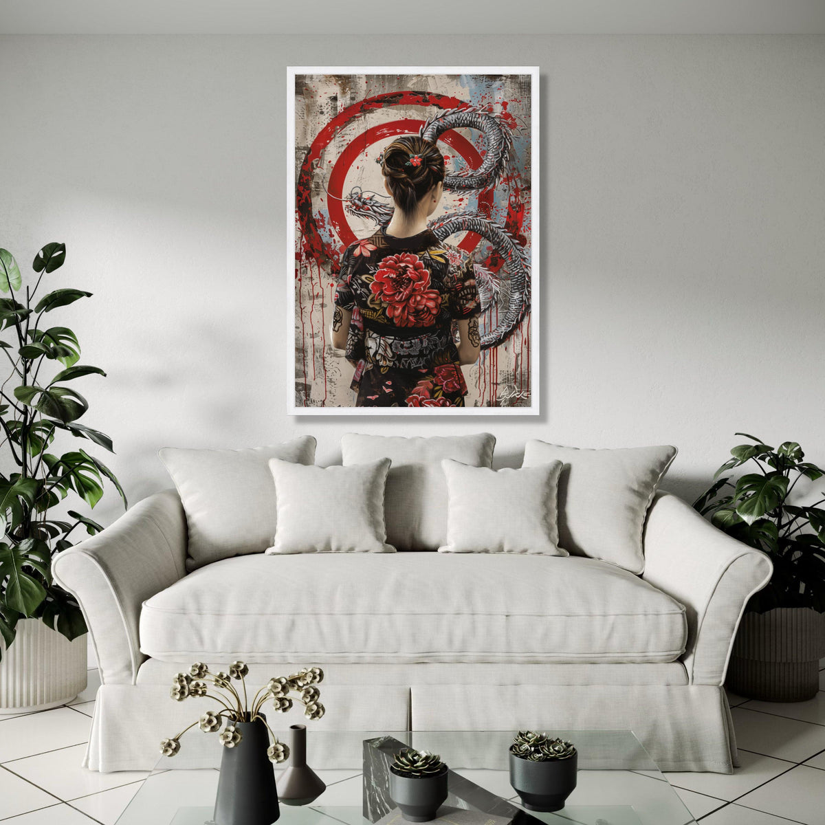 Geisha Woman with Dragon Canvas, Red Floral Kimono Wall Art, Asian Mythology Decor, Japanese Tattoo Style Gift Art, Home Decor, Print