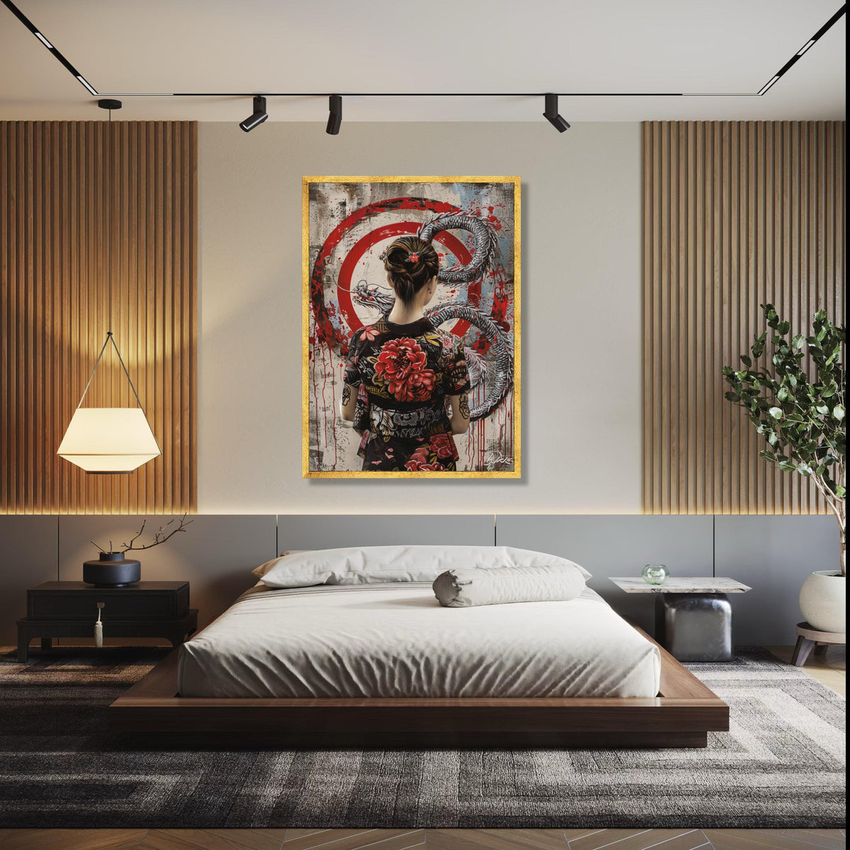 Geisha Woman with Dragon Canvas, Red Floral Kimono Wall Art, Asian Mythology Decor, Japanese Tattoo Style Gift Art, Home Decor, Print