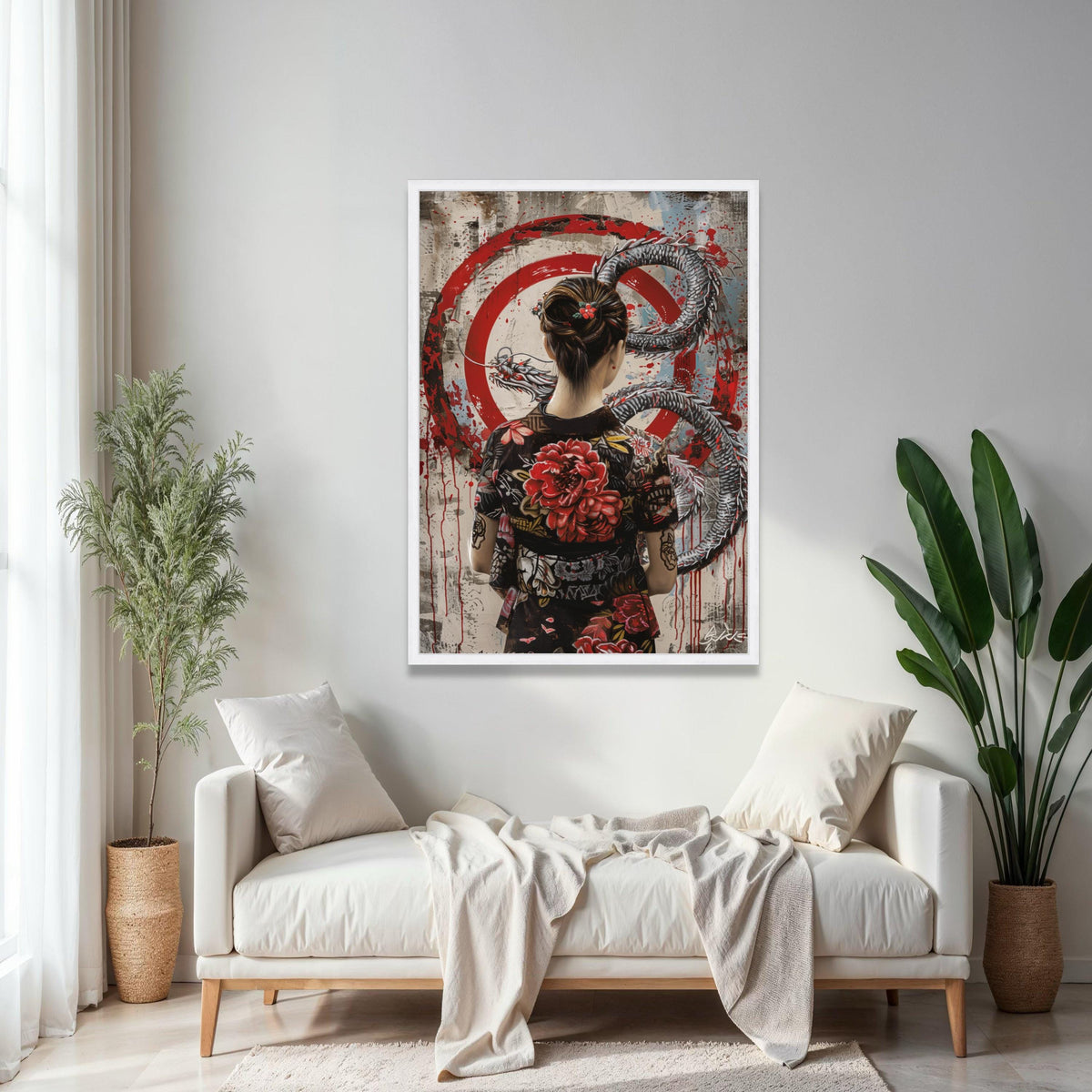 Geisha Woman with Dragon Canvas, Red Floral Kimono Wall Art, Asian Mythology Decor, Japanese Tattoo Style Gift Art, Home Decor, Print