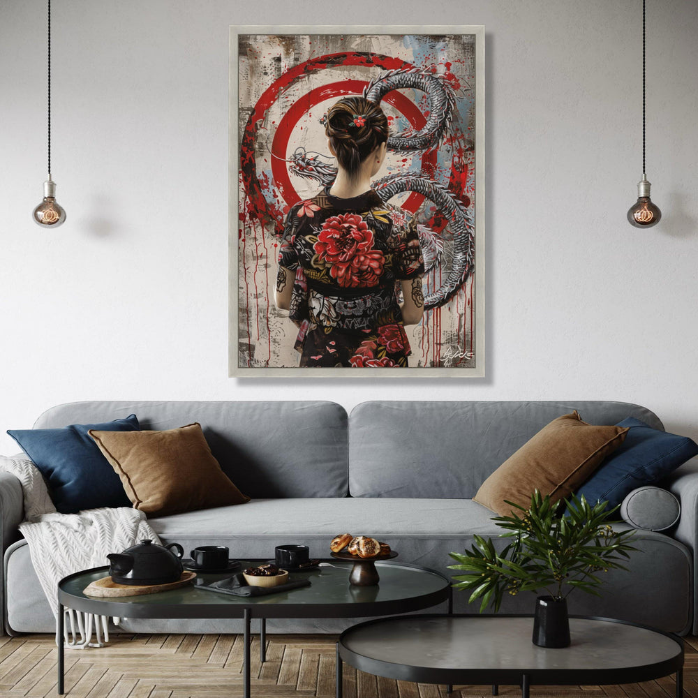 Geisha Woman with Dragon Canvas, Red Floral Kimono Wall Art, Asian Mythology Decor, Japanese Tattoo Style Gift Art, Home Decor, Print