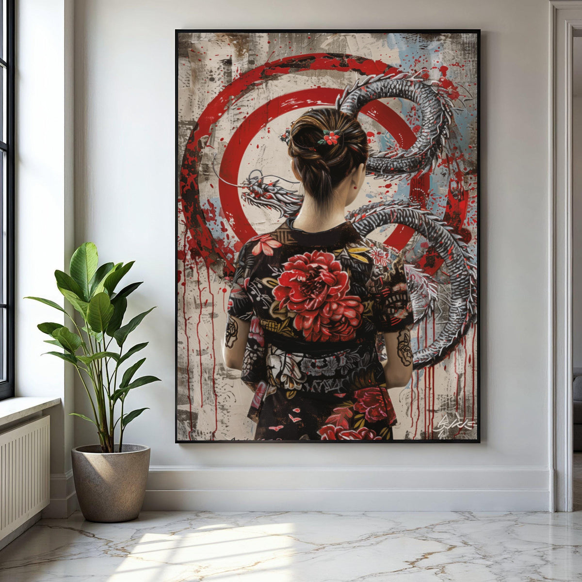 Geisha Woman with Dragon Canvas, Red Floral Kimono Wall Art, Asian Mythology Decor, Japanese Tattoo Style Gift Art, Home Decor, Print