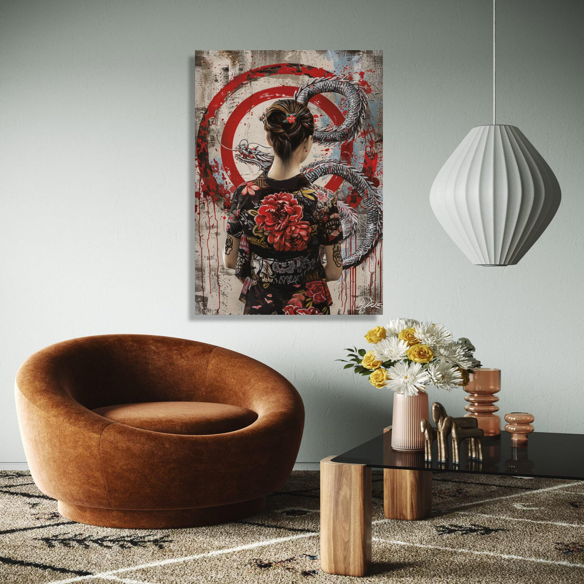 Geisha Woman with Dragon Canvas, Red Floral Kimono Wall Art, Asian Mythology Decor, Japanese Tattoo Style Gift Art, Home Decor, Print