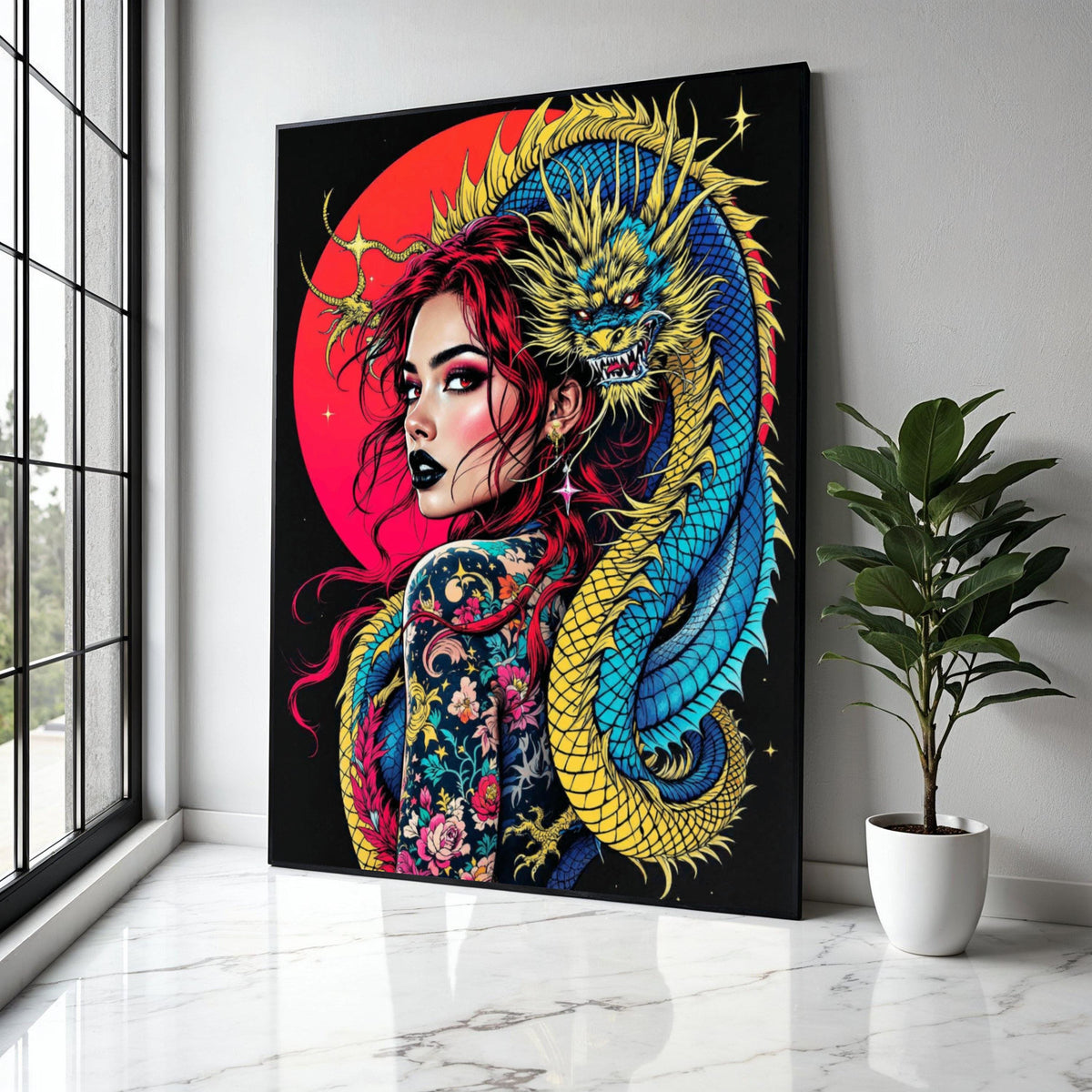 Vibrant Dragon Embrace, Tattooed Woman Canvas Wall Art, Red Hair Portrait, Asian Mythical Creature, Bold Gift Art, Home Decor, Print