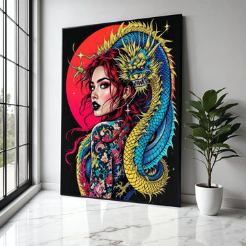 Vibrant Dragon Embrace, Tattooed Woman Canvas Wall Art, Red Hair Portrait, Asian Mythical Creature, Bold Gift Art, Home Decor, Print
