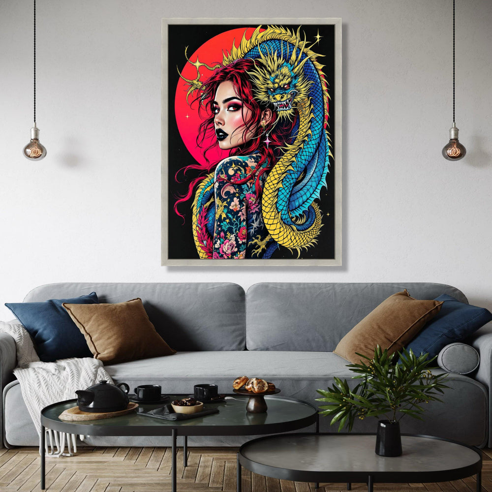 Vibrant Dragon Embrace, Tattooed Woman Canvas Wall Art, Red Hair Portrait, Asian Mythical Creature, Bold Gift Art, Home Decor, Print