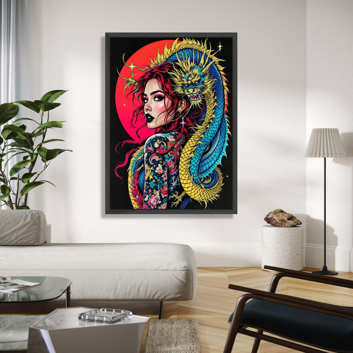 Vibrant Dragon Embrace, Tattooed Woman Canvas Wall Art, Red Hair Portrait, Asian Mythical Creature, Bold Gift Art, Home Decor, Print