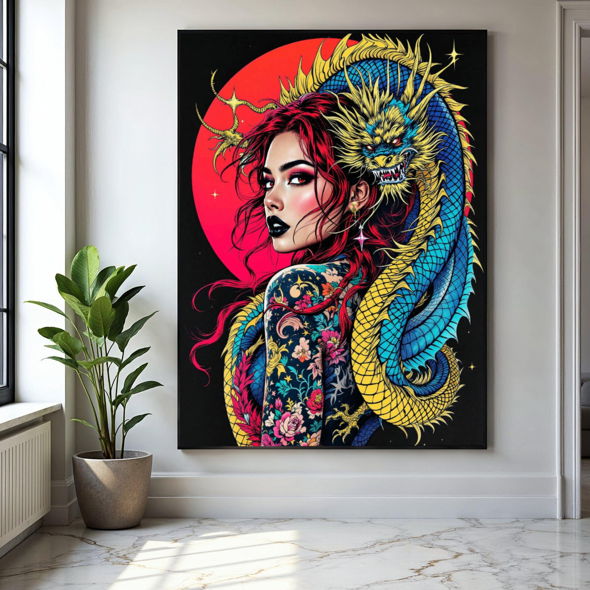 Vibrant Dragon Embrace, Tattooed Woman Canvas Wall Art, Red Hair Portrait, Asian Mythical Creature, Bold Gift Art, Home Decor, Print