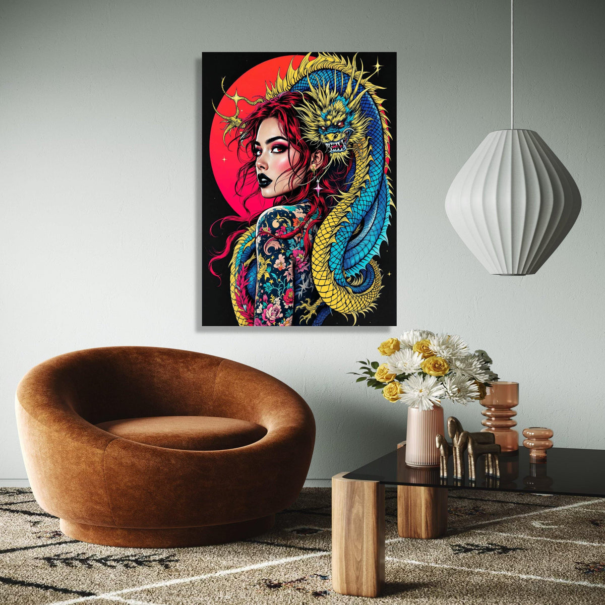 Vibrant Dragon Embrace, Tattooed Woman Canvas Wall Art, Red Hair Portrait, Asian Mythical Creature, Bold Gift Art, Home Decor, Print