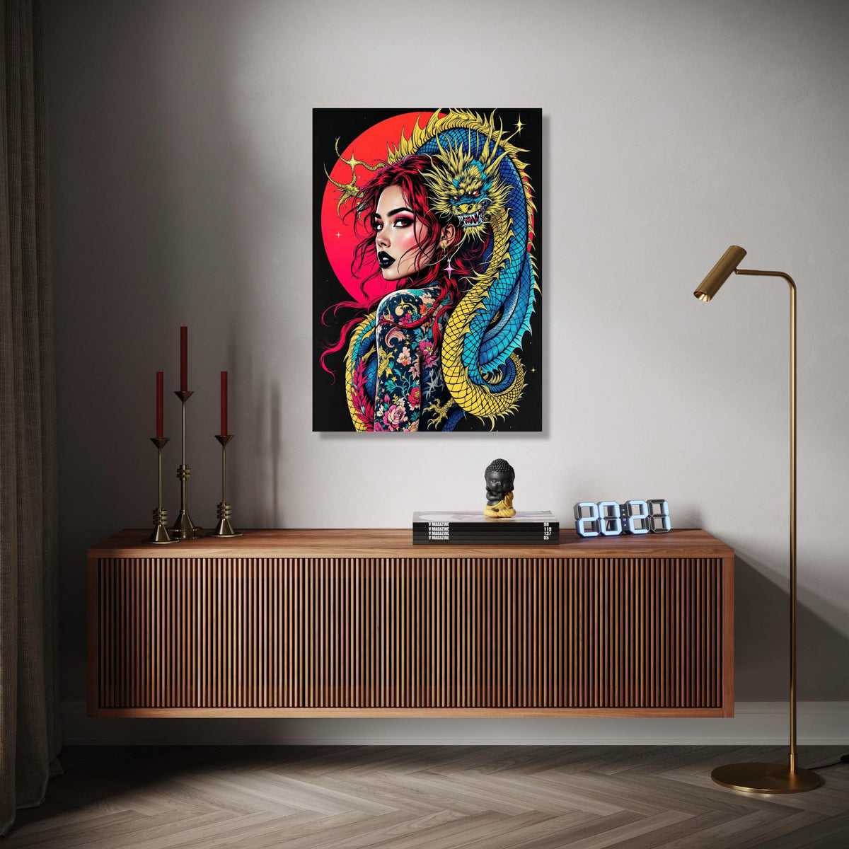 Vibrant Dragon Embrace, Tattooed Woman Canvas Wall Art, Red Hair Portrait, Asian Mythical Creature, Bold Gift Art, Home Decor, Print