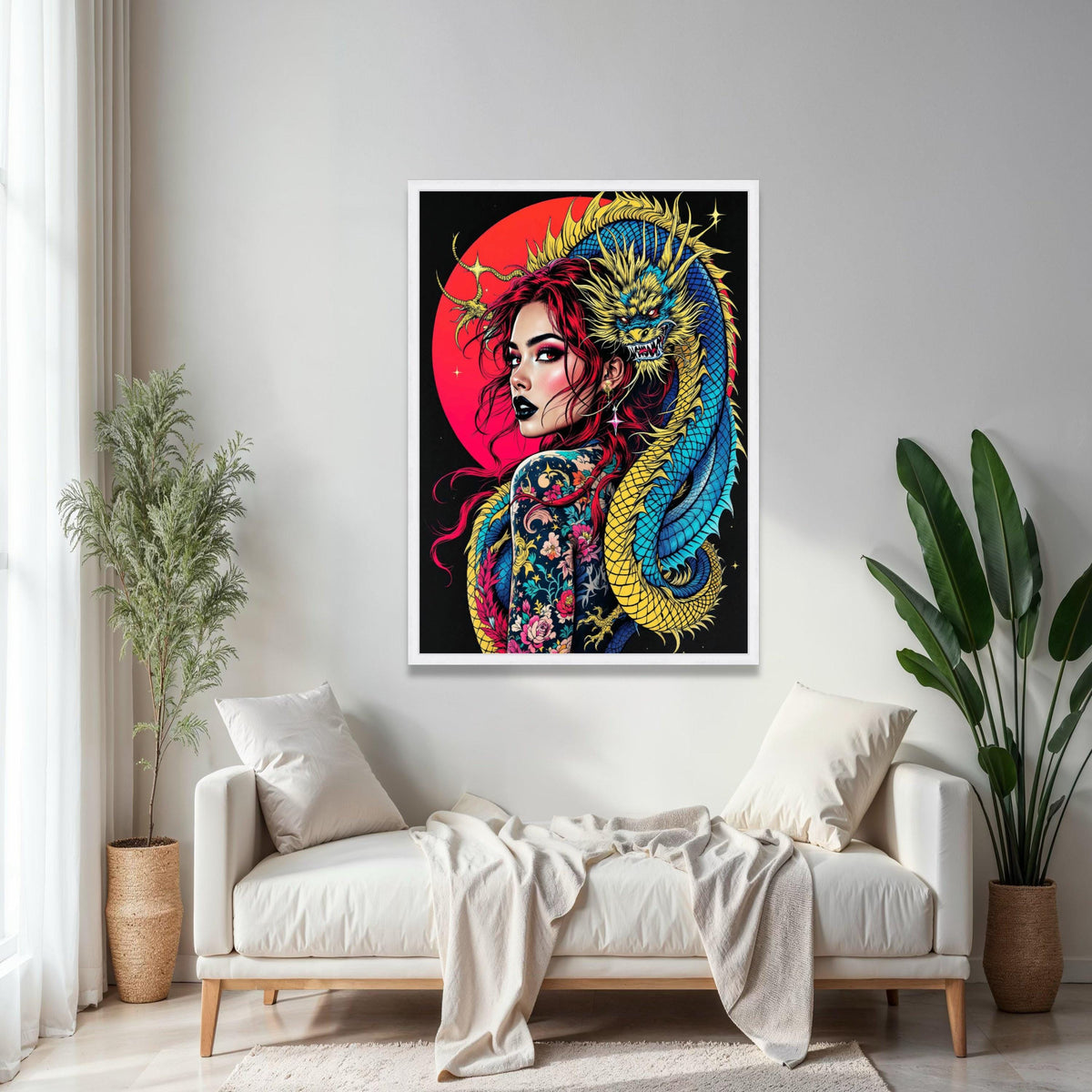 Vibrant Dragon Embrace, Tattooed Woman Canvas Wall Art, Red Hair Portrait, Asian Mythical Creature, Bold Gift Art, Home Decor, Print