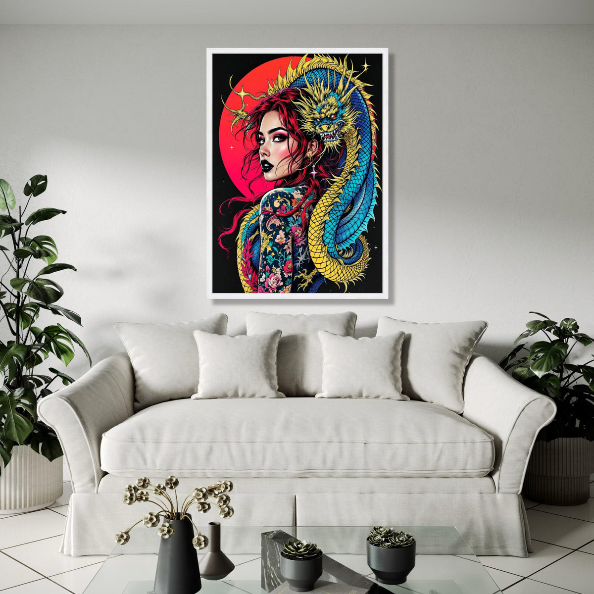 Vibrant Dragon Embrace, Tattooed Woman Canvas Wall Art, Red Hair Portrait, Asian Mythical Creature, Bold Gift Art, Home Decor, Print