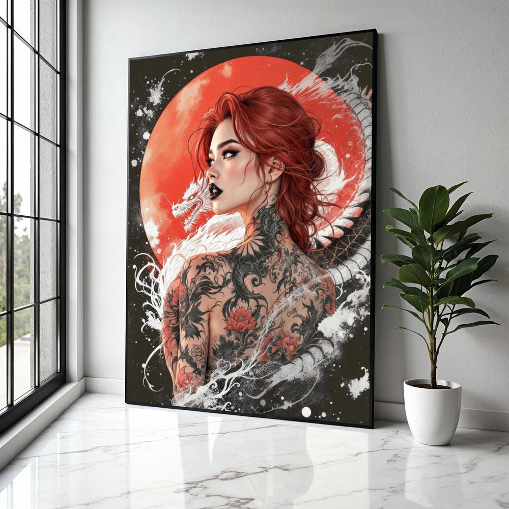 Red-Haired Woman with Dragon Tattoo Canvas, Japanese Style Art, Bold Tattoo Wall Decor, Asian Dragon Gift Art, Home Decor, Print