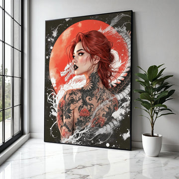 Red-Haired Woman with Dragon Tattoo Canvas, Japanese Style Art, Bold Tattoo Wall Decor, Asian Dragon Gift Art, Home Decor, Print