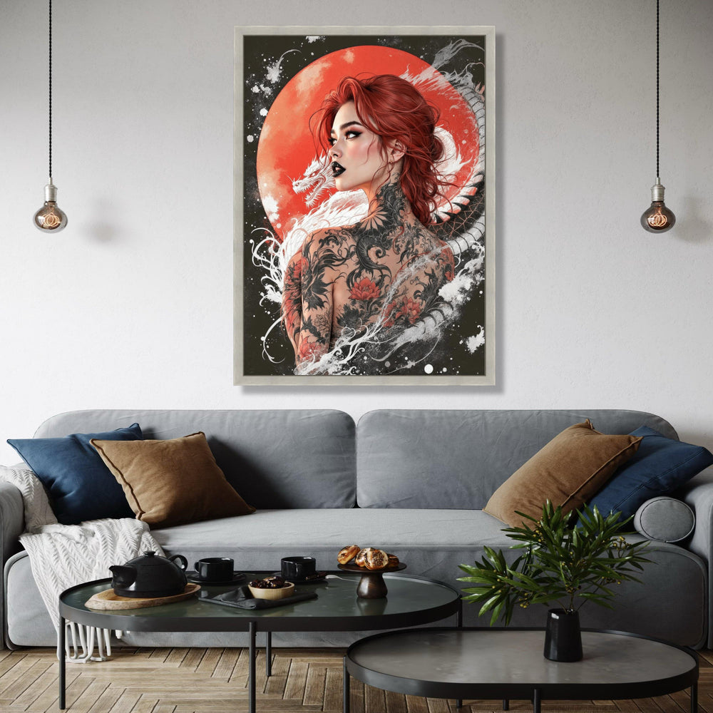 Red-Haired Woman with Dragon Tattoo Canvas, Japanese Style Art, Bold Tattoo Wall Decor, Asian Dragon Gift Art, Home Decor, Print