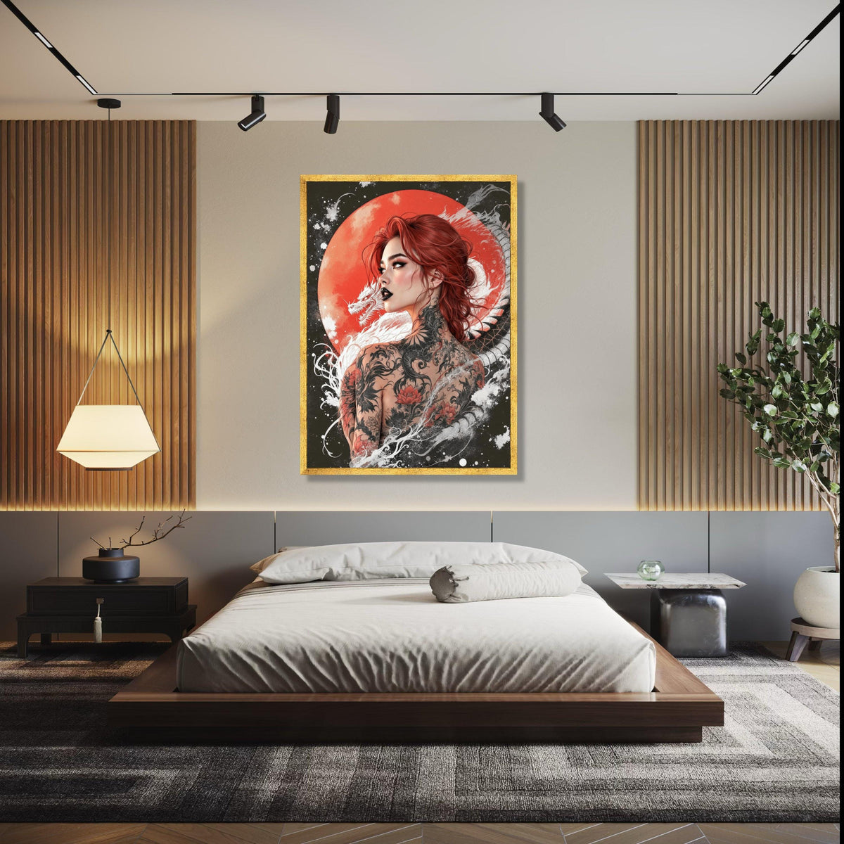 Red-Haired Woman with Dragon Tattoo Canvas, Japanese Style Art, Bold Tattoo Wall Decor, Asian Dragon Gift Art, Home Decor, Print