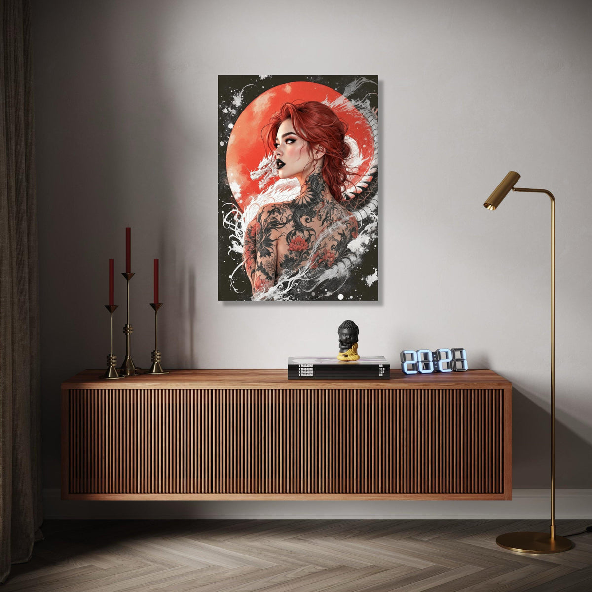 Red-Haired Woman with Dragon Tattoo Canvas, Japanese Style Art, Bold Tattoo Wall Decor, Asian Dragon Gift Art, Home Decor, Print
