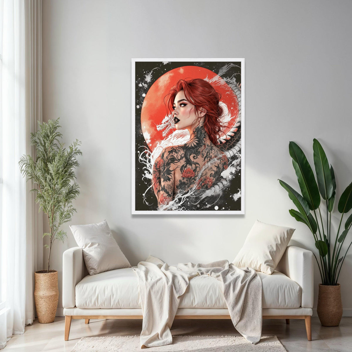 Red-Haired Woman with Dragon Tattoo Canvas, Japanese Style Art, Bold Tattoo Wall Decor, Asian Dragon Gift Art, Home Decor, Print