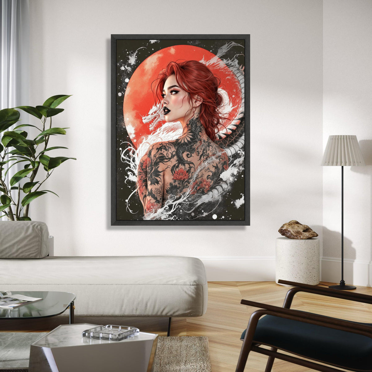 Red-Haired Woman with Dragon Tattoo Canvas, Japanese Style Art, Bold Tattoo Wall Decor, Asian Dragon Gift Art, Home Decor, Print