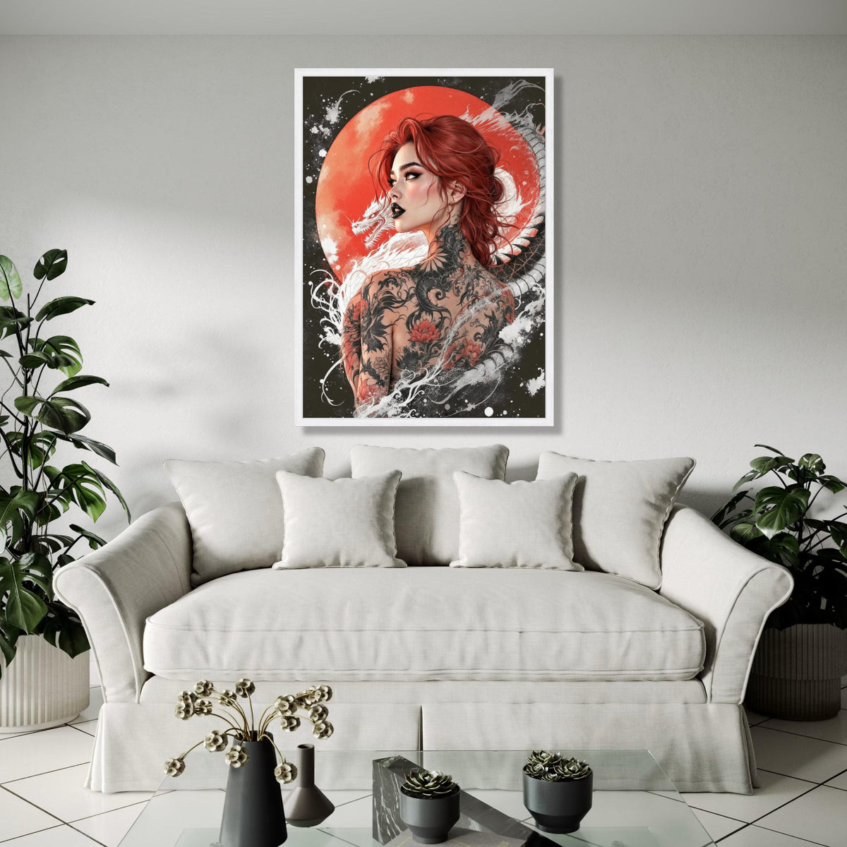 Red-Haired Woman with Dragon Tattoo Canvas, Japanese Style Art, Bold Tattoo Wall Decor, Asian Dragon Gift Art, Home Decor, Print