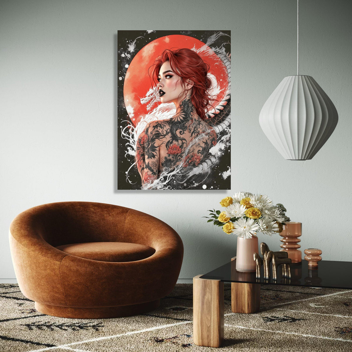 Red-Haired Woman with Dragon Tattoo Canvas, Japanese Style Art, Bold Tattoo Wall Decor, Asian Dragon Gift Art, Home Decor, Print