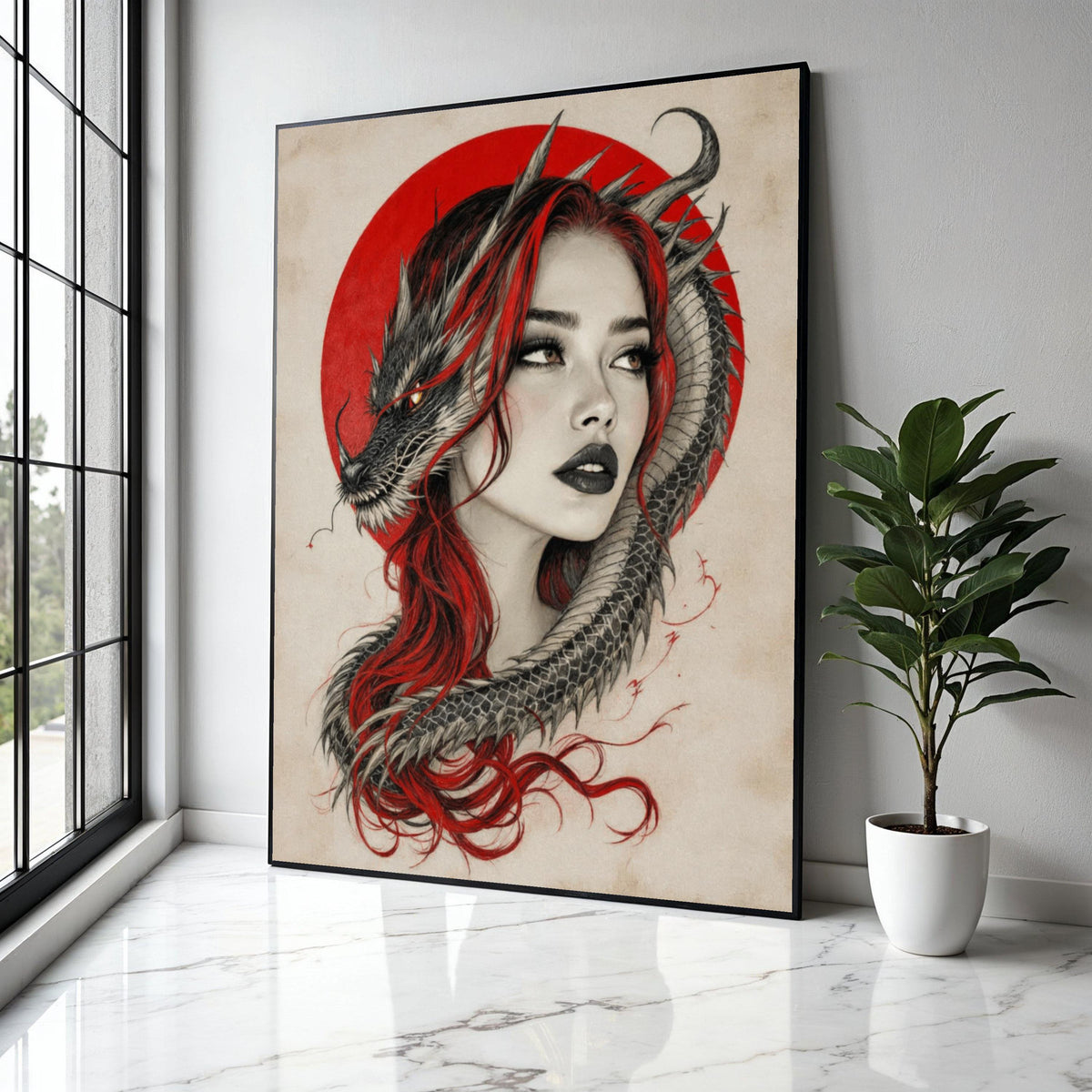 Mystical Woman with Dragon, Red Hair and Oriental Circle Canvas, Fantasy Wall Art, Asian Mythology Decor, Dragon Gift Art, Home Decor, Print